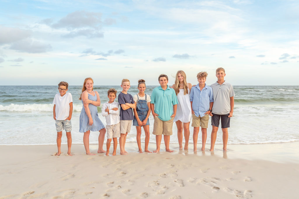 Beach Portrait taken in Gulf shores Alabama of a large group of grandchildren